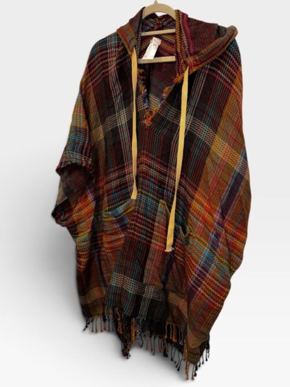Free People warm colors chevron plaid hoodie poncho sweater one size